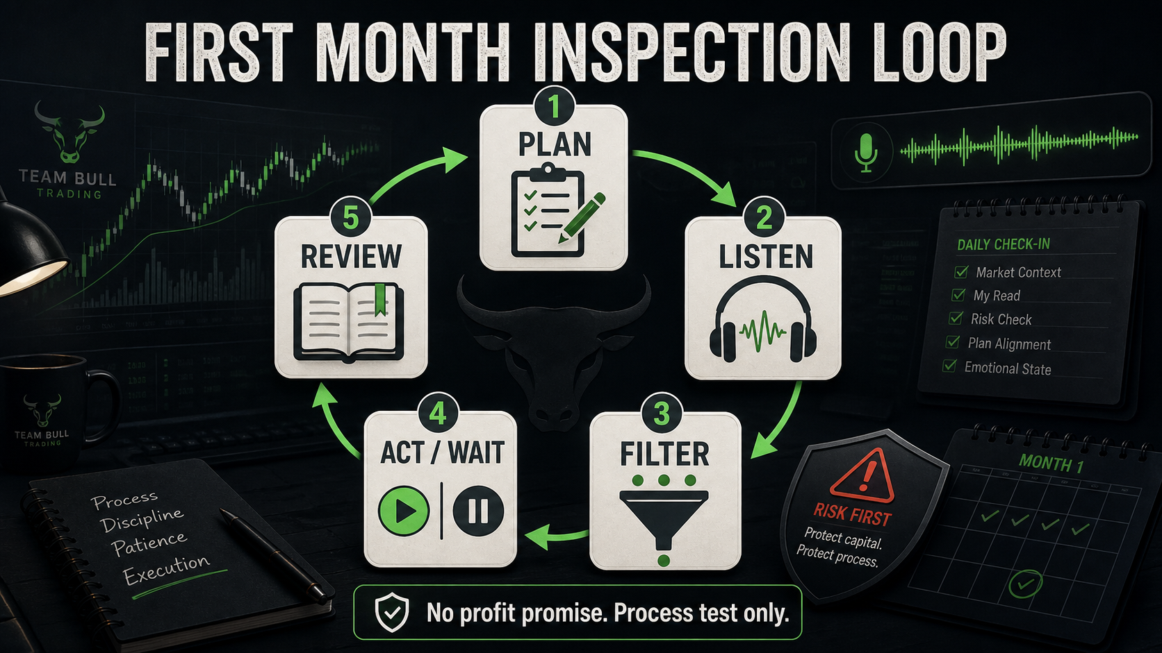 Five-step first-month evaluation loop: plan, listen, filter, act or wait, review.