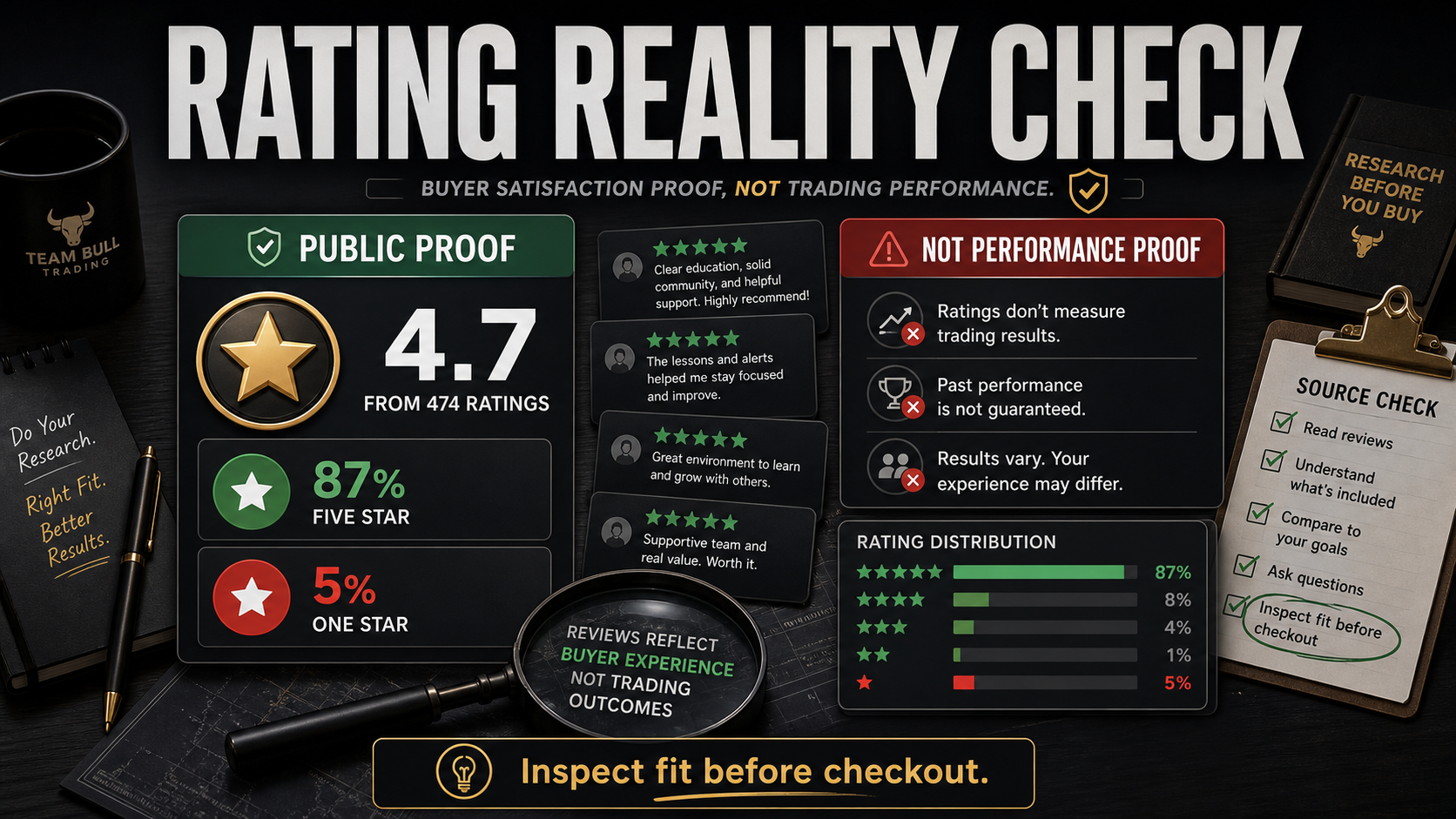 Rating Reality Check infographic showing 4.7 from 474 ratings, 87% five star, 5% one star, and a warning that ratings are not performance proof.